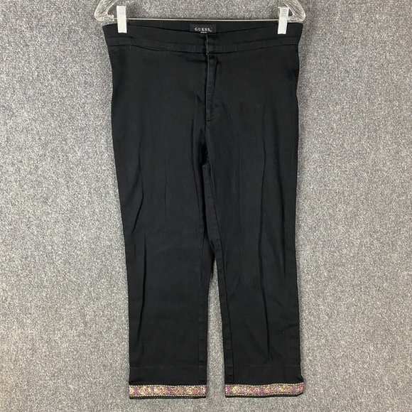 Guess Pants Women's Large Vintage Capri Cotton Hook & Eye Black - Picture 1 of 8